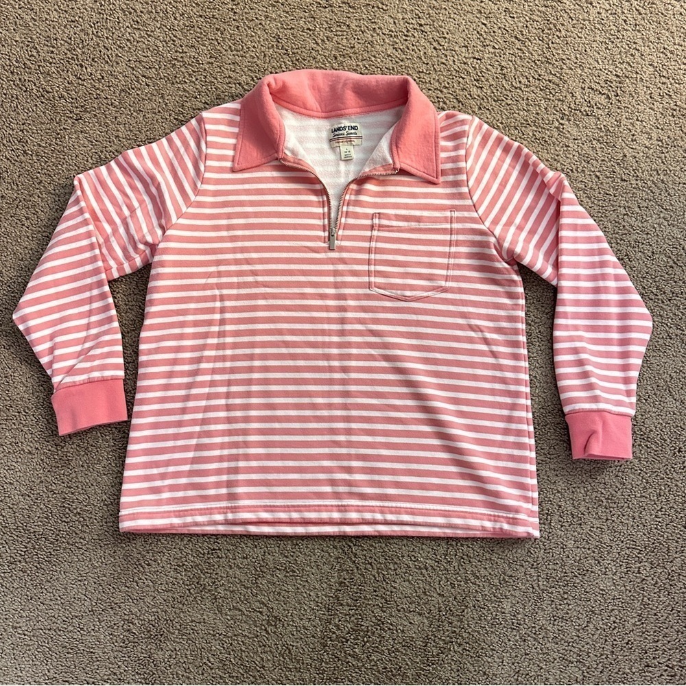 Lands' End Women’s Quarter Zip Long Sleeves Tshirt in Pink & White Stripes sz L
